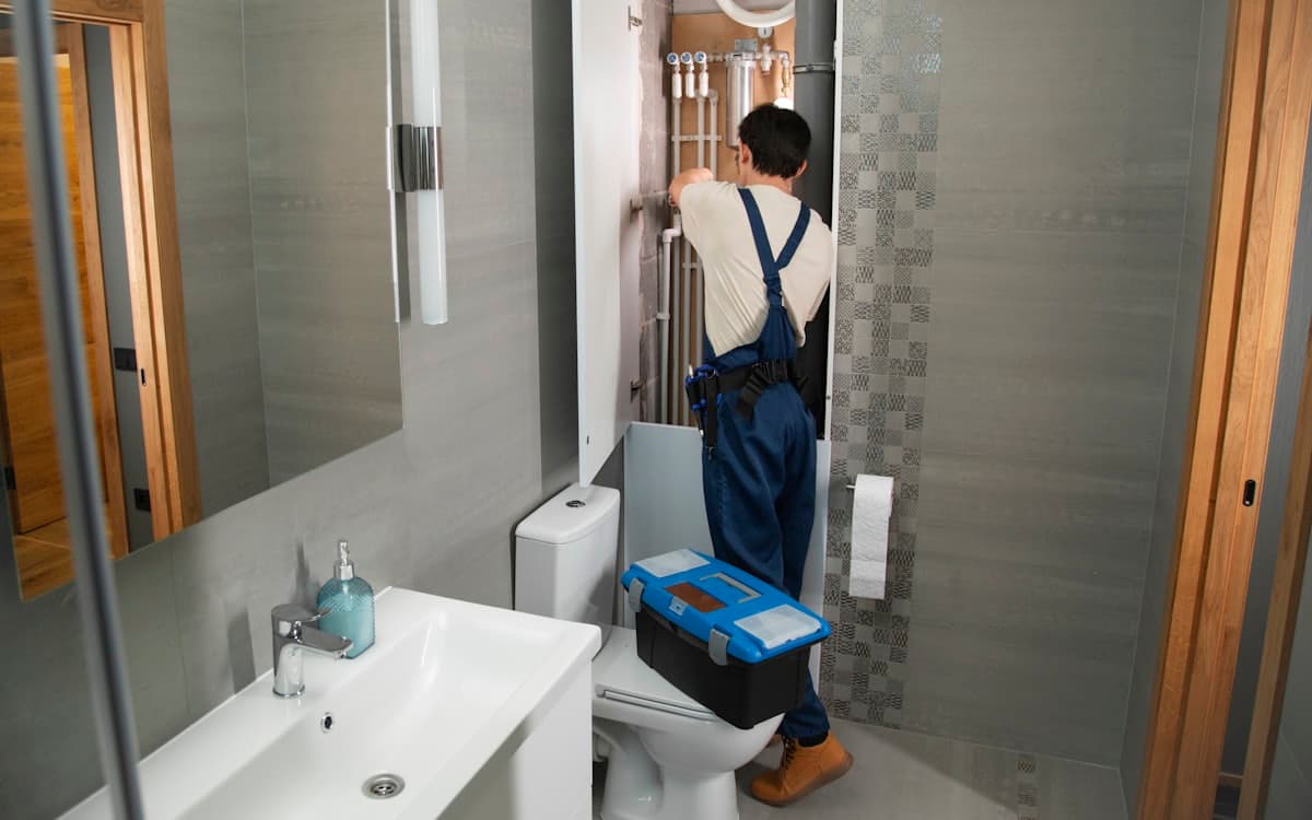 A plumber working on pipework in a bathroom